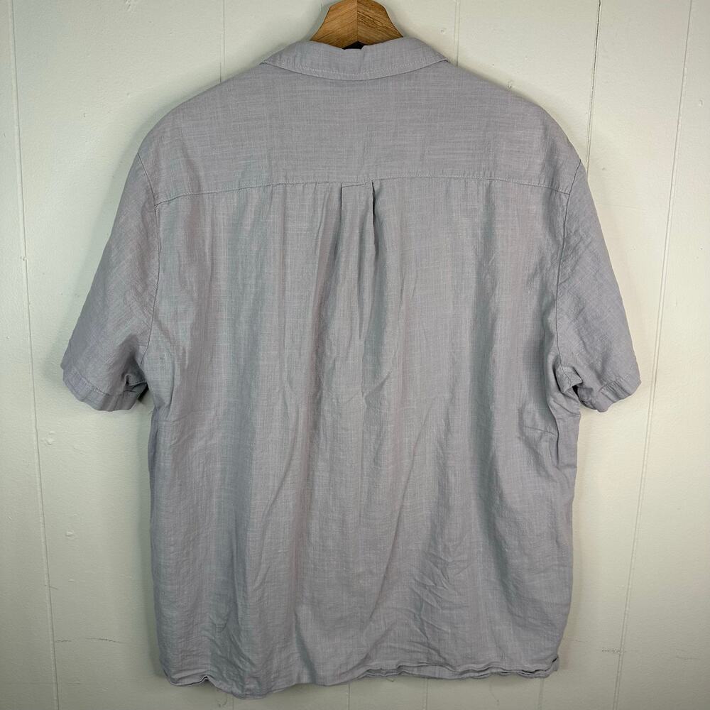 Mens XL Grey Linen Cotton Short Sleeve Button Up Shirt Ladder Stitch Trim - Picture 2 of 6